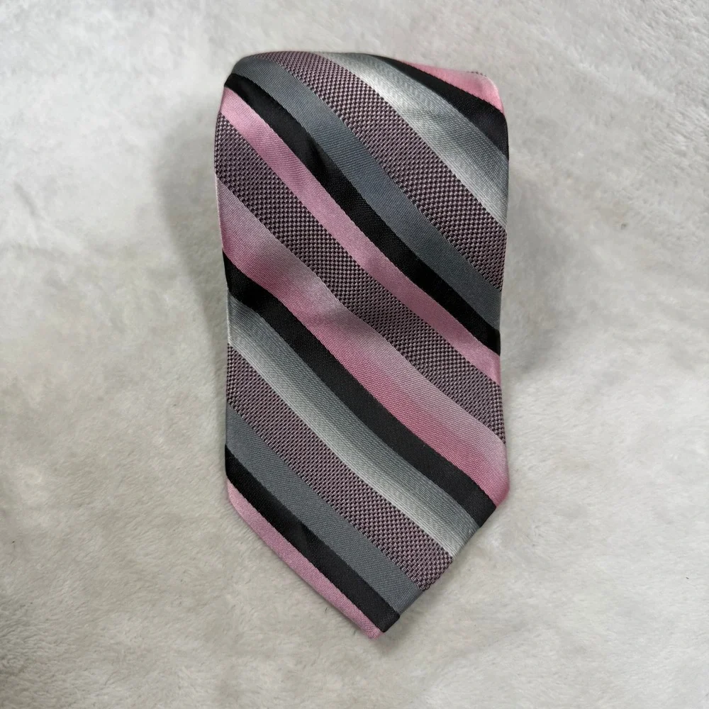 Stafford Essentials Mens Pink Gray Black Striped Polyester Hand Made Necktie
